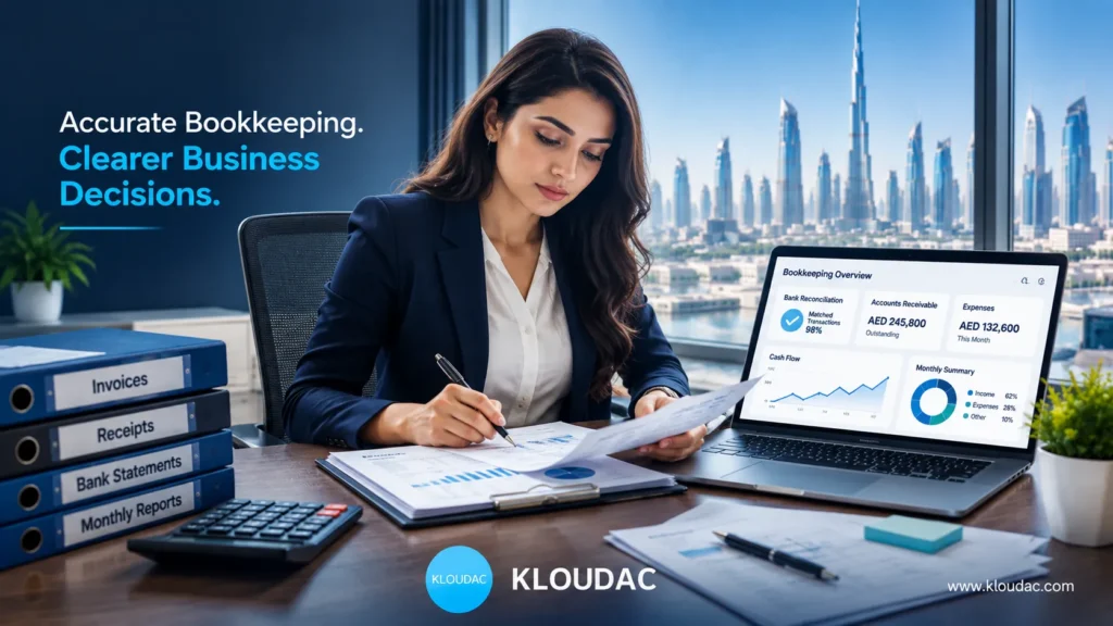 Female accountant providing bookkeeping services in Dubai while reviewing financial records and a bookkeeping dashboard.