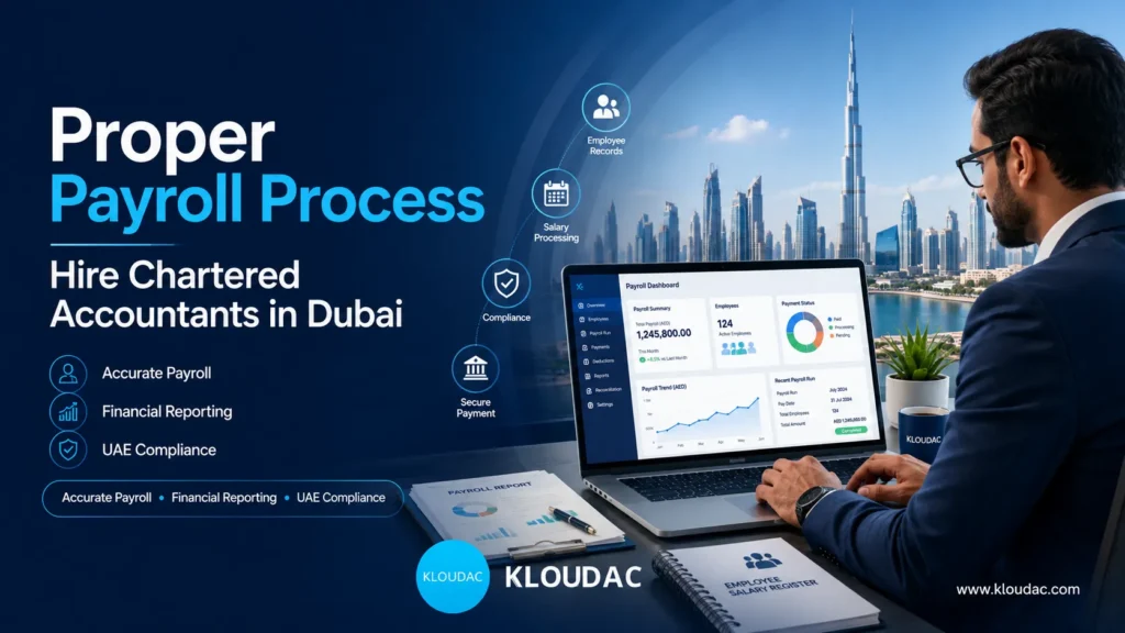 Chartered accountant reviewing a payroll dashboard with employee records, salary processing and UAE compliance in a Dubai office.