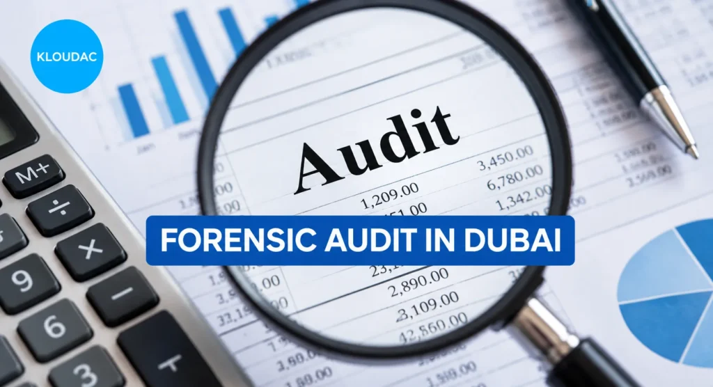 Forensic audit services in Dubai with magnifying glass reviewing financial records for fraud investigation.