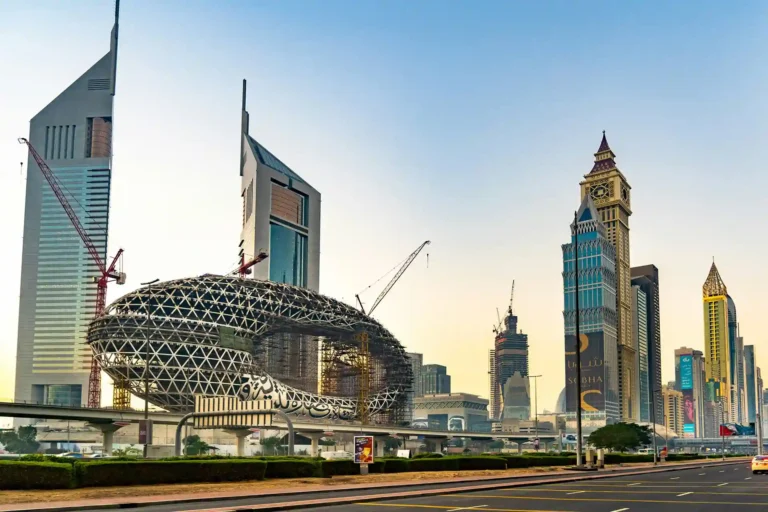 Modern Dubai skyline featuring the Museum of the Future and high-rise commercial buildings, representing the prime location for Kloudac's Business Setup in Dubai and Accounting Firm in Dubai services.