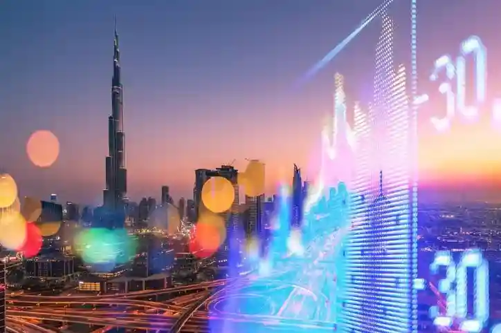 Dubai skyline at sunset with the Burj Khalifa, overlaid with dynamic stock market data and financial charts, representing Kloudac's financial expertise for Business Setup in Dubai by their Accounting Firm in Dubai.