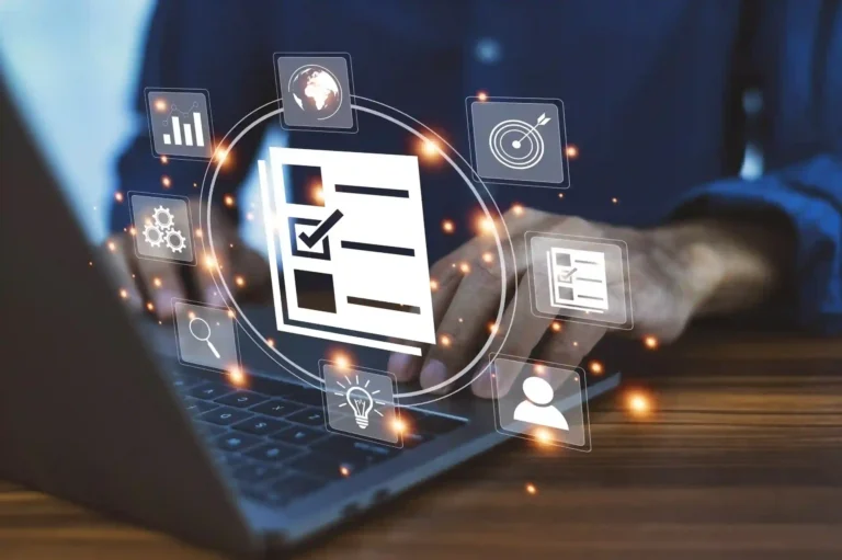A user interacting with a laptop, focusing on a digital checklist and surrounding icons representing documentation, compliance, and strategic planning for Kloudac Business Setup in Dubai and Accounting Firm in Dubai services.