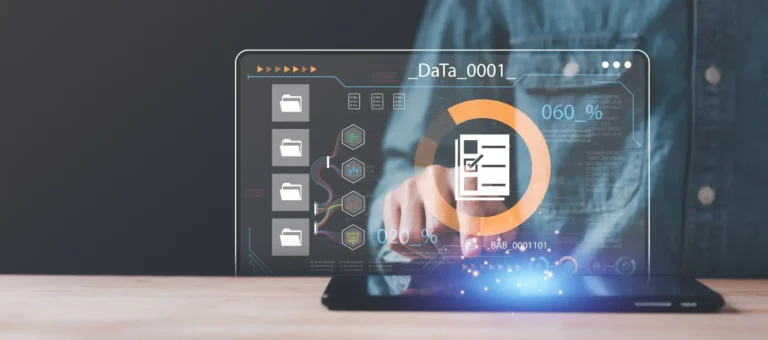 A digital interface showing advanced data analytics, file folders, and percentage charts being accessed on a tablet. Kloudac, a leading accounting firm in Dubai, utilizes the latest cloud-based technology to provide efficient and secure accounting services.