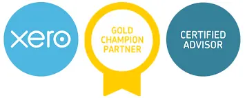 Three circular badges indicating Kloudac is a Xero Gold Champion Partner and Certified Advisor. As an elite accounting firm in Dubai, we provide gold-standard accounting services using the Xero cloud platform.