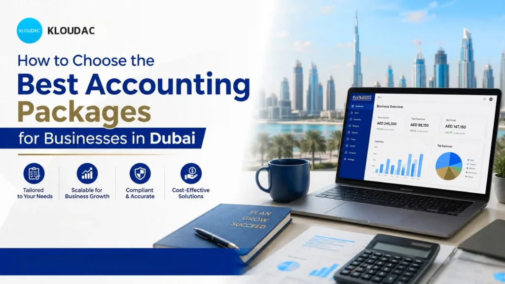 KLOUDAC blog banner titled "How to Choose the Best Accounting Packages for Businesses in Dubai," showing a laptop with a financial dashboard, a calculator, and the Dubai skyline.