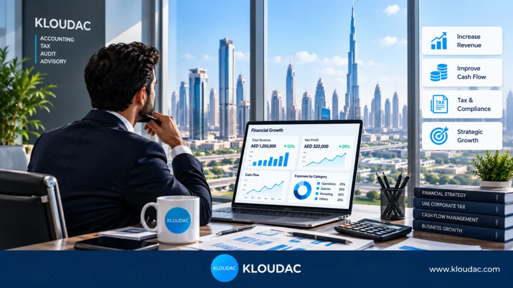 Business professional reviewing financial growth reports in a Dubai office, with revenue, cash flow, tax compliance and strategic growth indicators.
