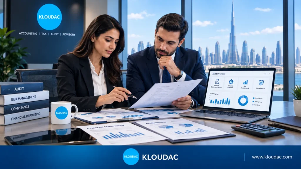 Professional auditors reviewing financial statements and audit reports in a Dubai office.